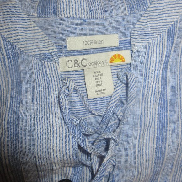 C&C California 100% Linen Blue Striped Short Sleeve Blouse Top Large - Picture 4 of 5